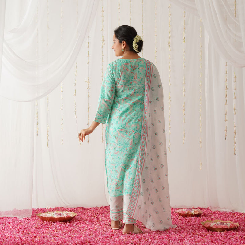 Turquoise Neck Embroidered Kurta Pant Set with Dupatta