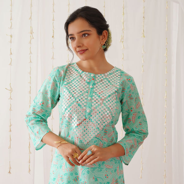 Turquoise Neck Embroidered Kurta Pant Set with Dupatta