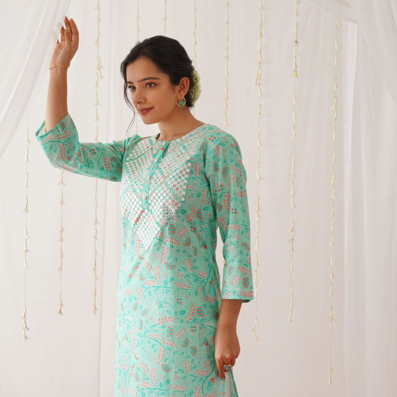Turquoise Neck Embroidered Kurta Pant Set with Dupatta