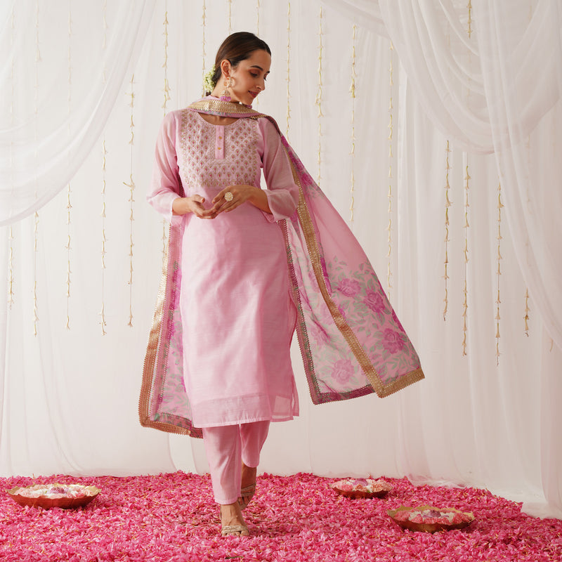 Light Pink Embroidered Chanderi Kurta Pant Dupatta Set with Gota Details