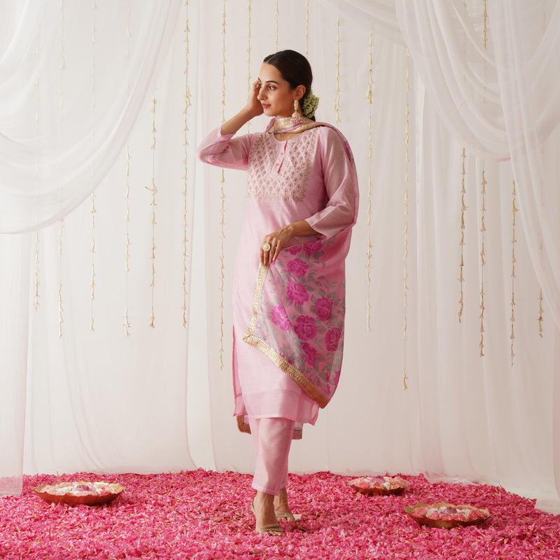 Light Pink Embroidered Chanderi Kurta Pant Dupatta Set with Gota Details