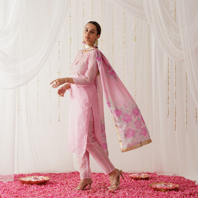 Light Pink Embroidered Chanderi Kurta Pant Dupatta Set with Gota Details