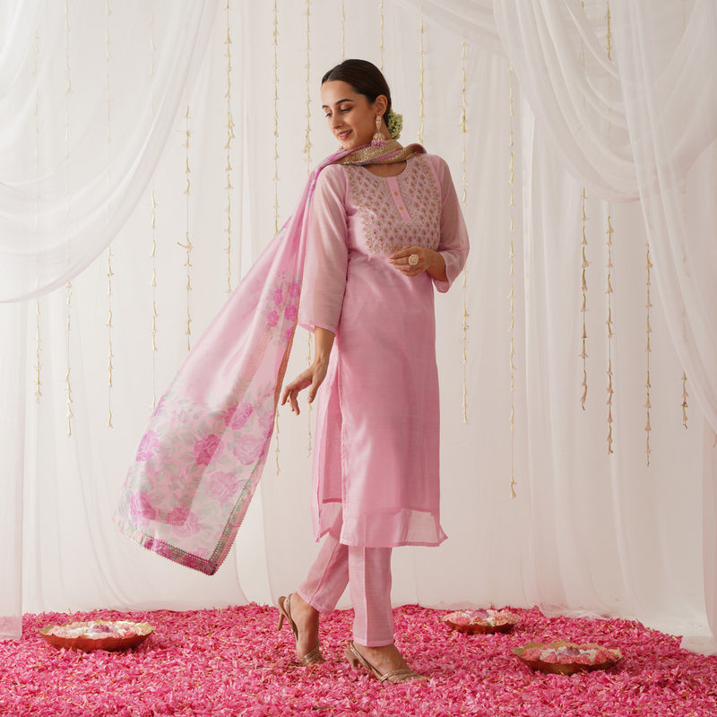 Light Pink Embroidered Chanderi Kurta Pant Dupatta Set with Gota Details