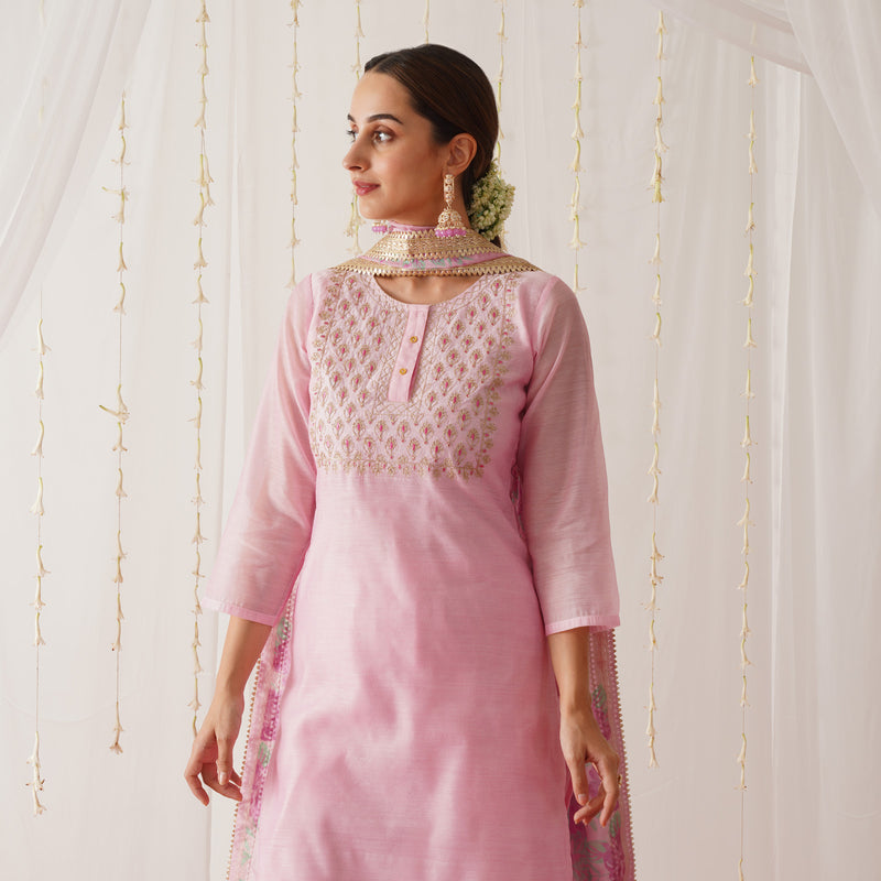 Light Pink Embroidered Chanderi Kurta Pant Dupatta Set with Gota Details