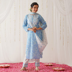 Blue Neck Embroidered Kurta Pant Set with Dupatta