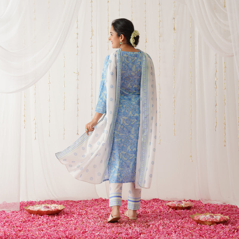 Blue Neck Embroidered Kurta Pant Set with Dupatta