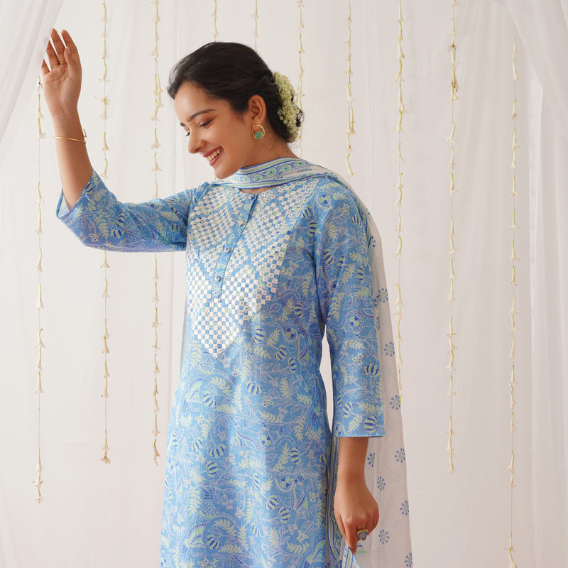 Blue Neck Embroidered Kurta Pant Set with Dupatta