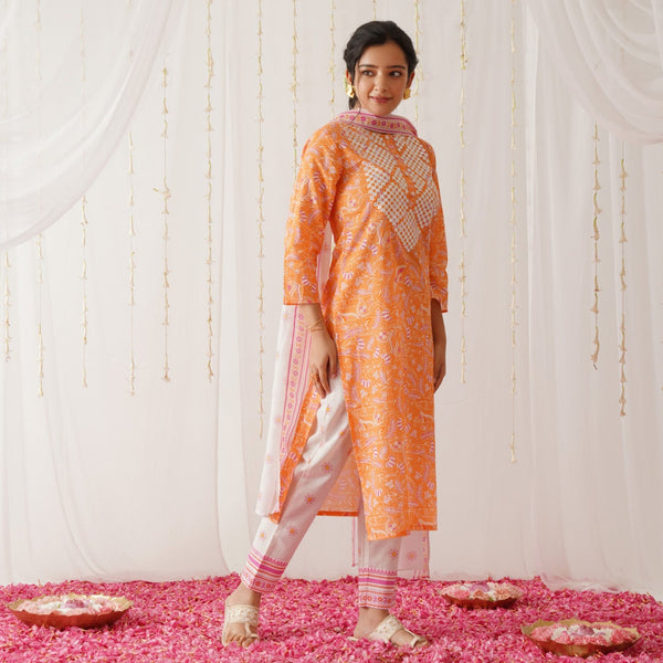 Orange Neck Embroidered Kurta Pant Set with Dupatta
