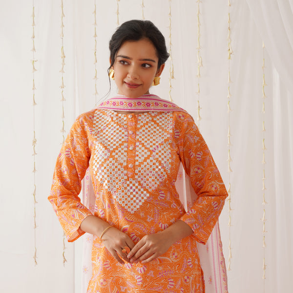 Orange Neck Embroidered Kurta Pant Set with Dupatta