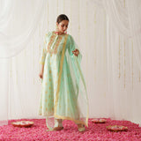 Mint Green Chanderi Gold Printed Kurta Pant Dupatta Set with Embroidery Details
