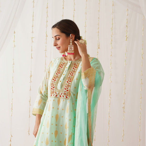 Mint Green Chanderi Gold Printed Kurta Pant Dupatta Set with Embroidery Details