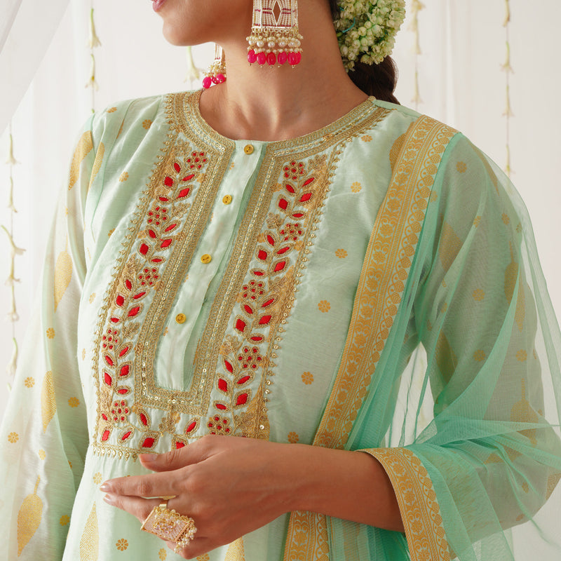 Mint Green Chanderi Gold Printed Kurta Pant Dupatta Set with Embroidery Details