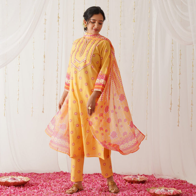 Mustard Kurta Pant Set with Gota Detailing & Dupatta