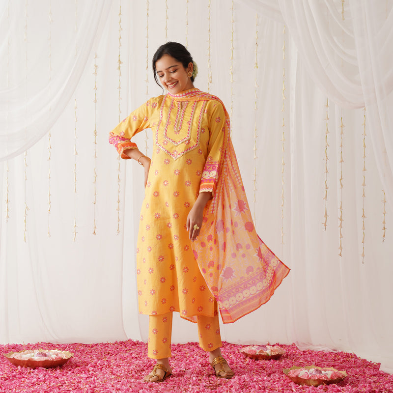 Mustard Kurta Pant Set with Gota Detailing & Dupatta
