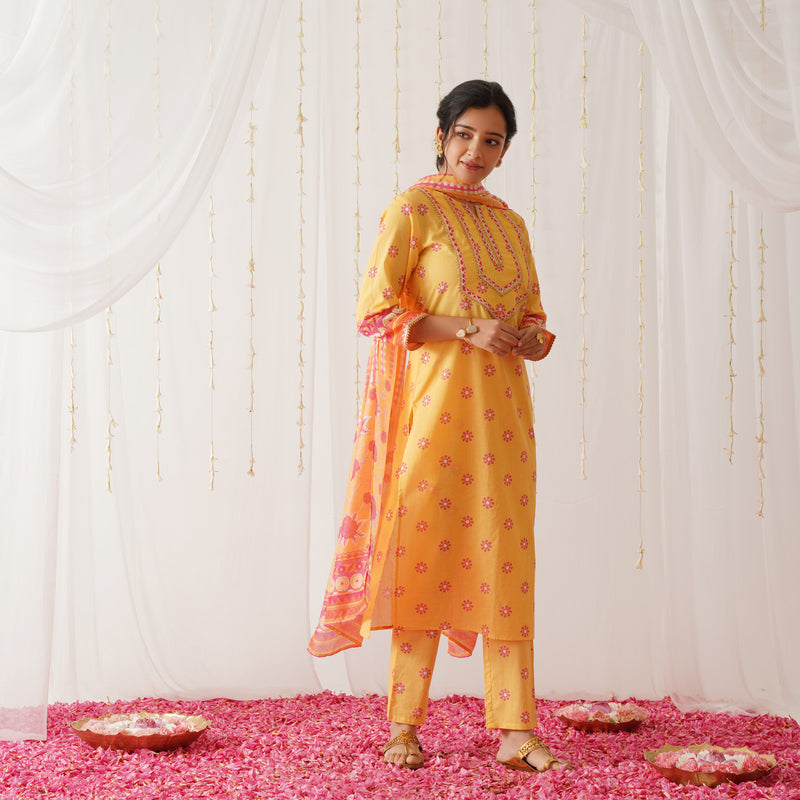 Mustard Kurta Pant Set with Gota Detailing & Dupatta