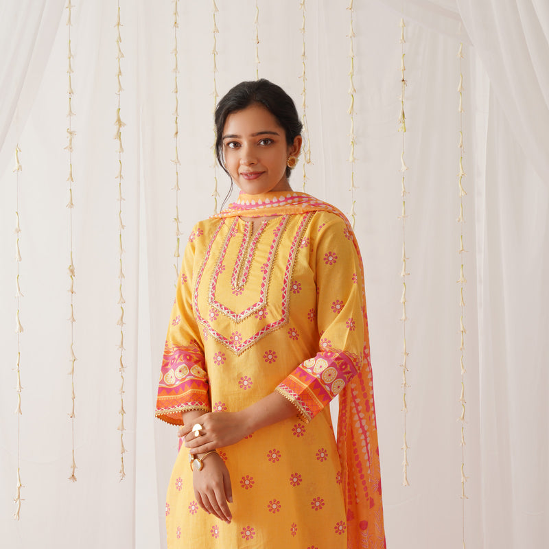 Mustard Kurta Pant Set with Gota Detailing & Dupatta