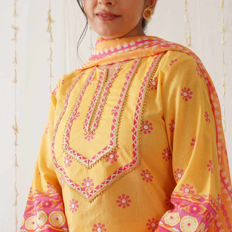 Mustard Kurta Pant Set with Gota Detailing & Dupatta