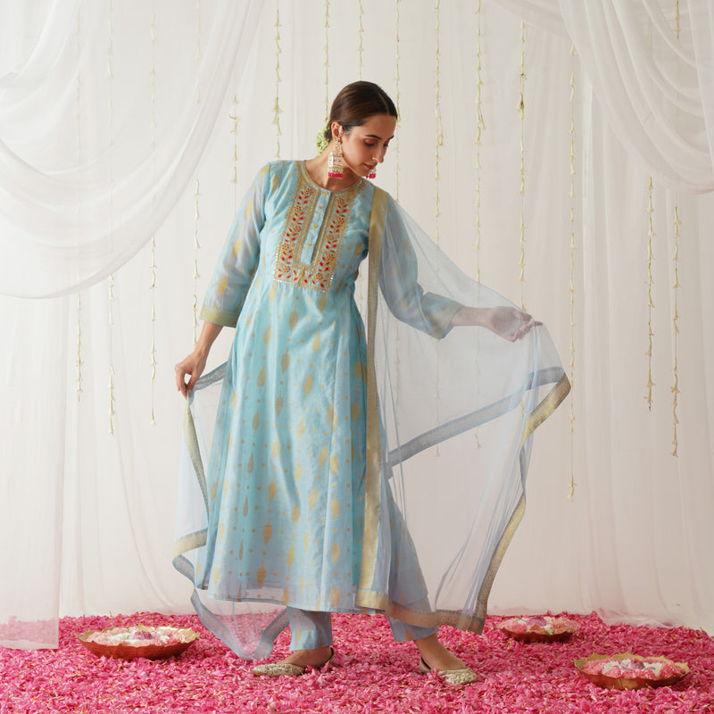 Sky Blue Chanderi Gold Printed Kurta Pant Dupatta Set with Embroidery Details