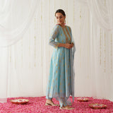 Sky Blue Chanderi Gold Printed Kurta Set with Dupatta