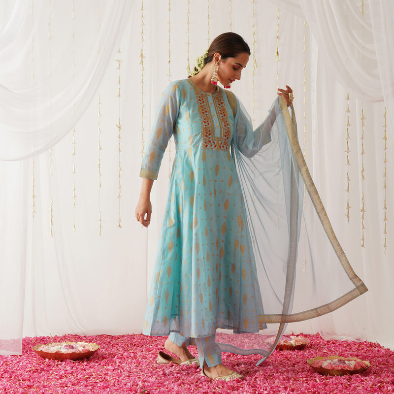 Sky Blue Chanderi Gold Printed Kurta Set with Dupatta
