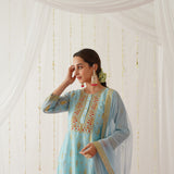 Sky Blue Chanderi Gold Printed Kurta Set with Dupatta