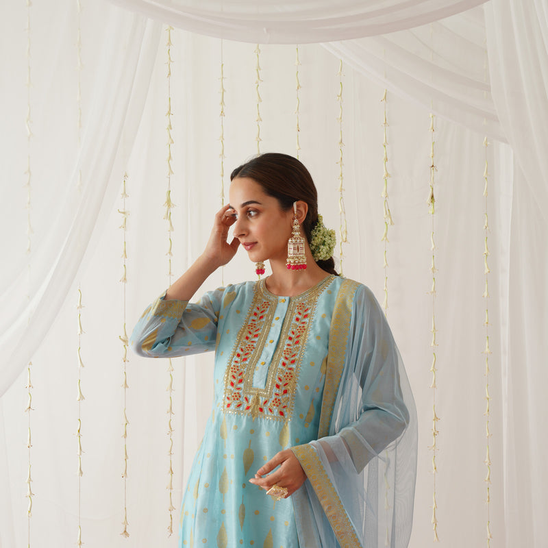 Sky Blue Chanderi Gold Printed Kurta Pant Dupatta Set with Embroidery Details