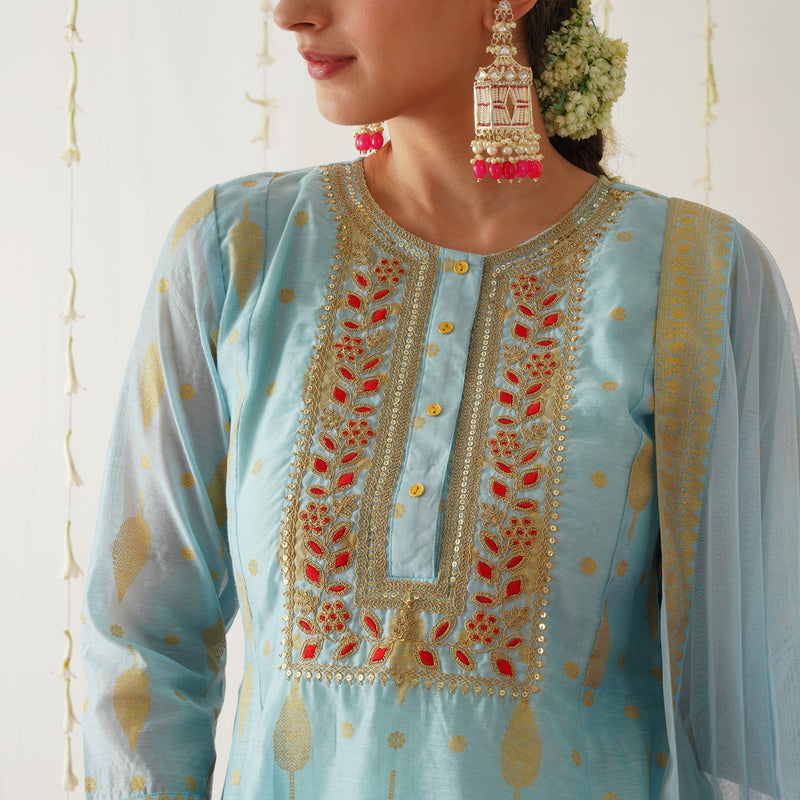 Sky Blue Chanderi Gold Printed Kurta Pant Dupatta Set with Embroidery Details