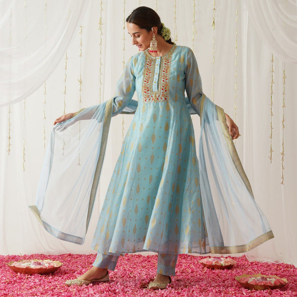 Sky Blue Chanderi Gold Printed Kurta Pant Dupatta Set with Embroidery Details