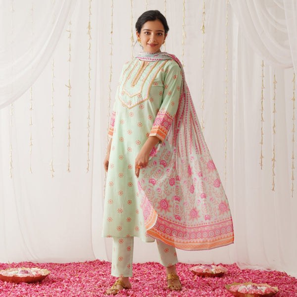 Mint Kurta Pant Set with Gota Detailing & Dupatta