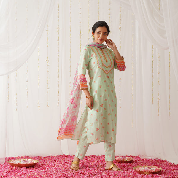 Mint Kurta Pant Set with Gota Detailing & Dupatta