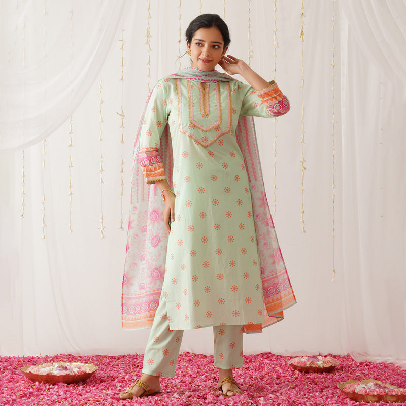 Mint Kurta Pant Set with Gota Detailing & Dupatta