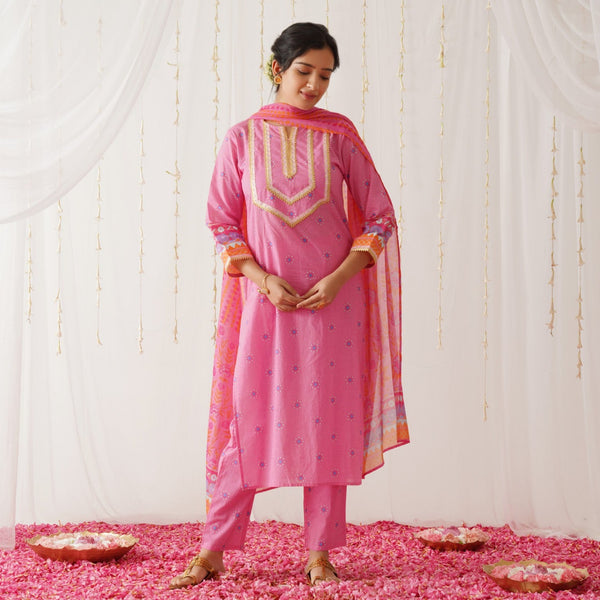 Pink Kurta Pant Set with Gota Detailing & Dupatta