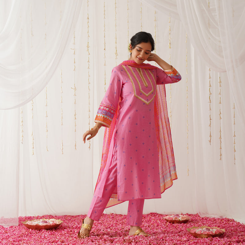 Pink Kurta Pant Set with Gota Detailing & Dupatta