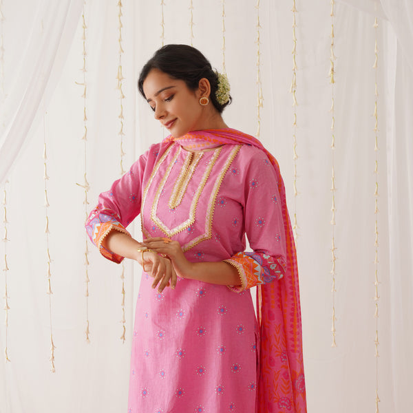 Pink Kurta Pant Set with Gota Detailing & Dupatta