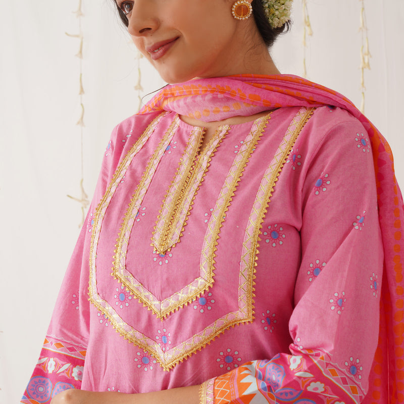 Pink Kurta Pant Set with Gota Detailing & Dupatta