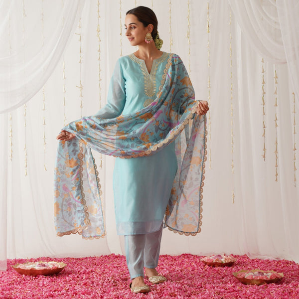 Light Blue Embroidered Chanderi Kurta Pant Dupatta Set with Gota Details