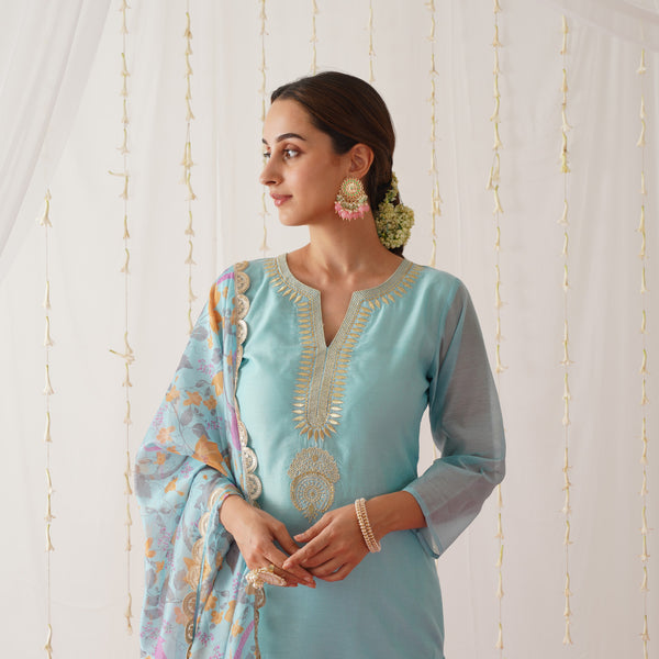 Light Blue Embroidered Chanderi Kurta Pant Dupatta Set with Gota Details