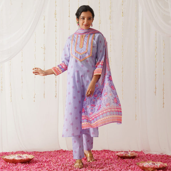 Lilac Kurta Pant Set with Gota Detailing & Dupatta