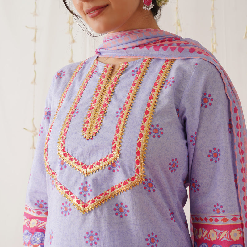 Lilac Kurta Pant Set with Gota Detailing & Dupatta