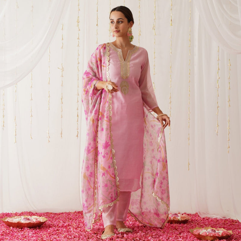 Pink Embroidered Chanderi Kurta Pant Dupatta Set with Gota Details