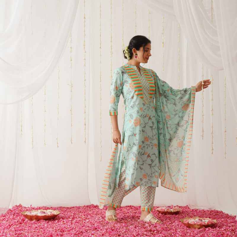 Sky Blue Floral Printed Kurta Pant Set with Gota Detailing & Dupatta