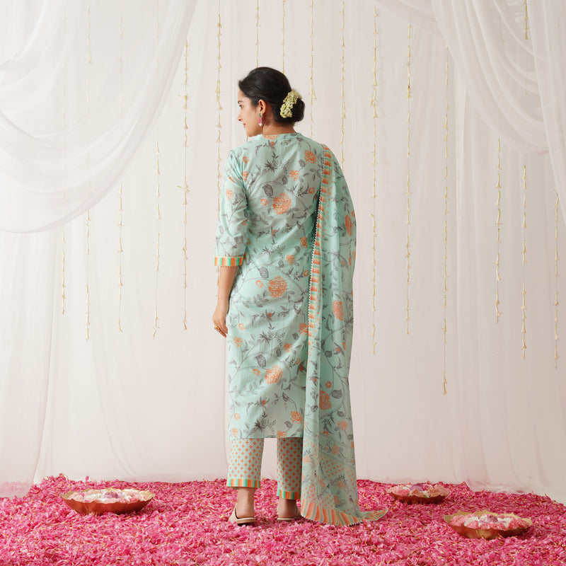 Sky Blue Floral Printed Kurta Pant Set with Gota Detailing & Dupatta
