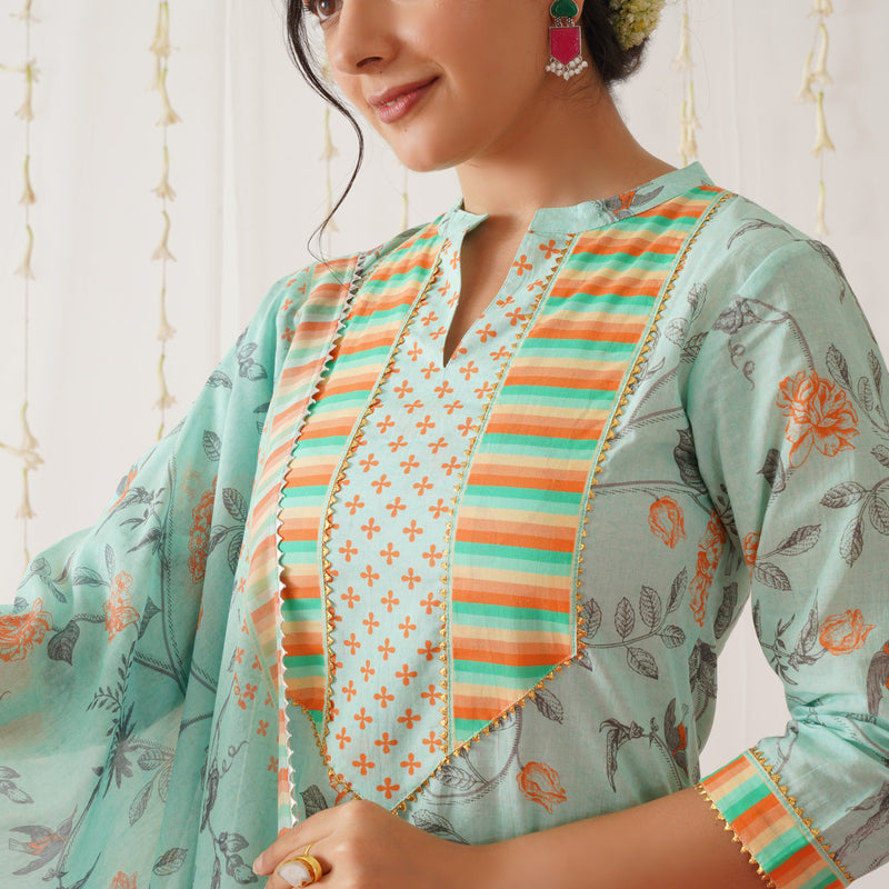 Sky Blue Floral Printed Kurta Pant Set with Gota Detailing & Dupatta
