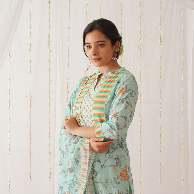 Sky Blue Floral Printed Kurta Pant Set with Gota Detailing & Dupatta