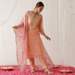 Peach Embroidered Chanderi Kurta Pant Dupatta Set with Gota Details