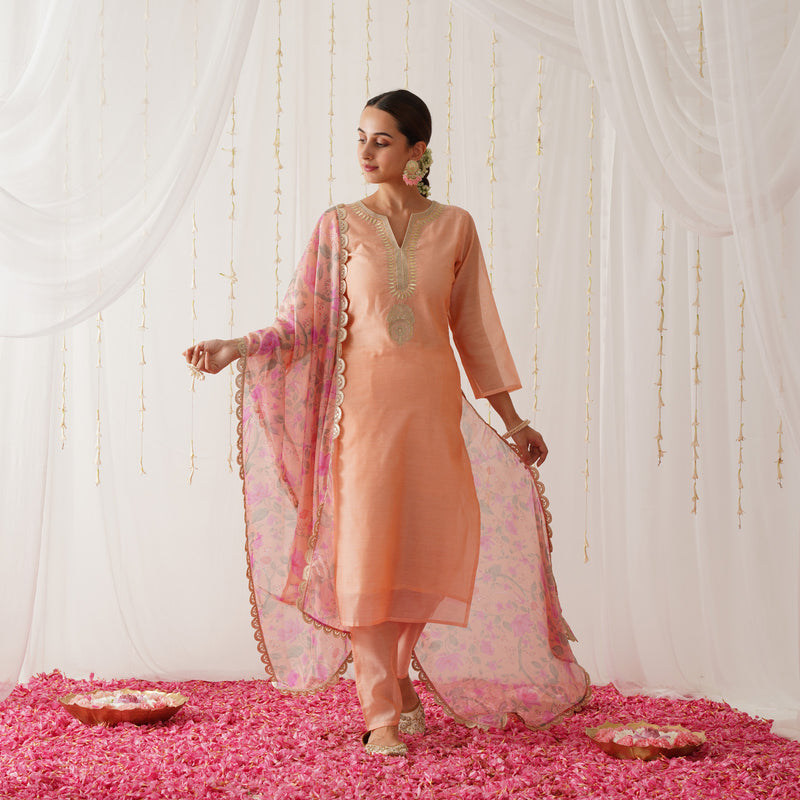 Peach Embroidered Chanderi Kurta Pant Dupatta Set with Gota Details