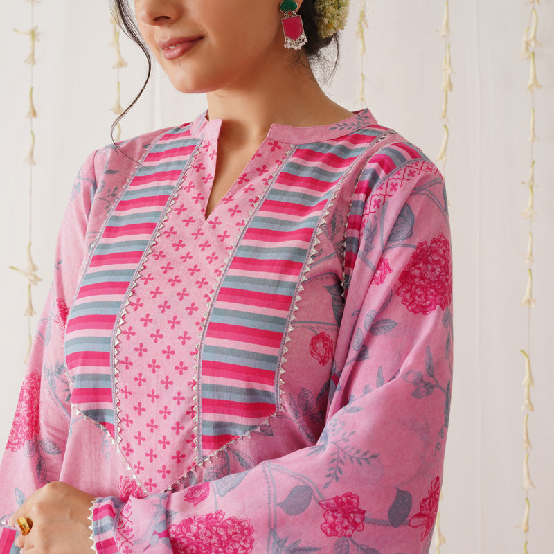 Pink Floral Printed Kurta Pant Set with Gota Detailing & Dupatta