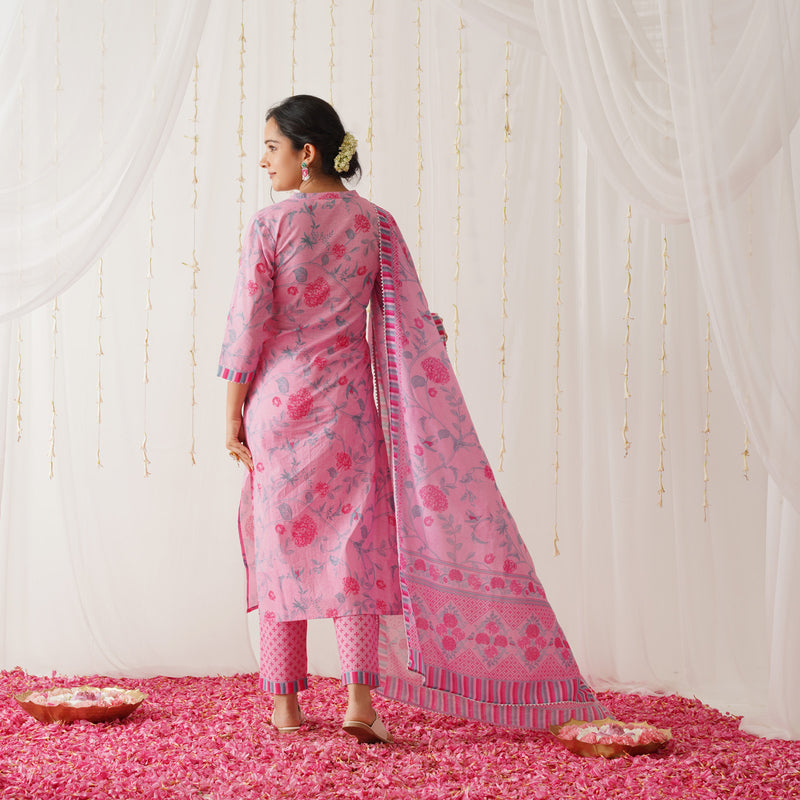 Pink Floral Printed Kurta Pant Set with Gota Detailing & Dupatta