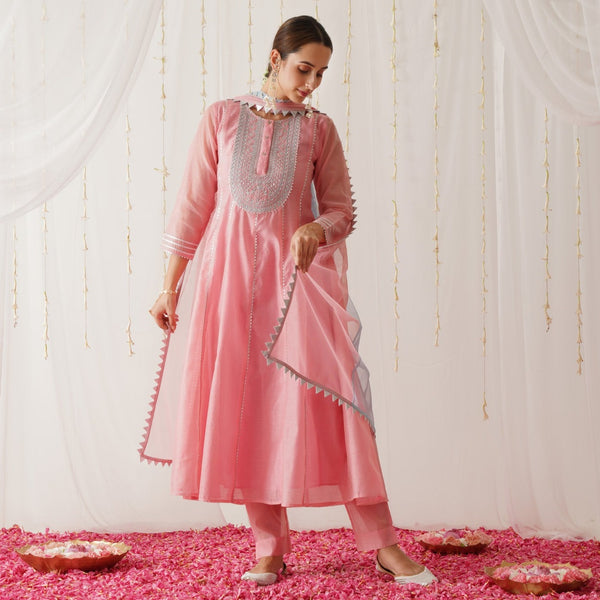 Pink Embroidered Chanderi Kurta Pant Dupatta Set with Gota Detailing
