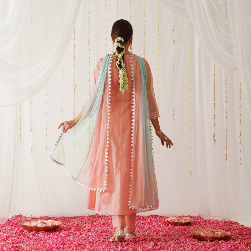 Peach Embroidered Chanderi Kurta Set for Women